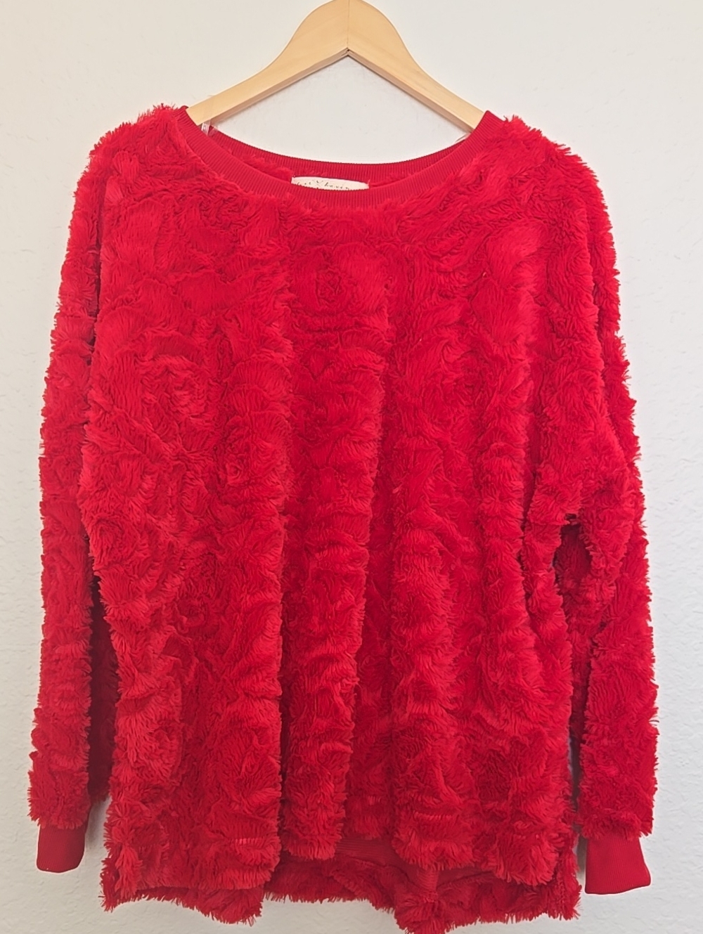 Fair Haven Plush Red Fuzzy Roses Crewneck Sweatshirt